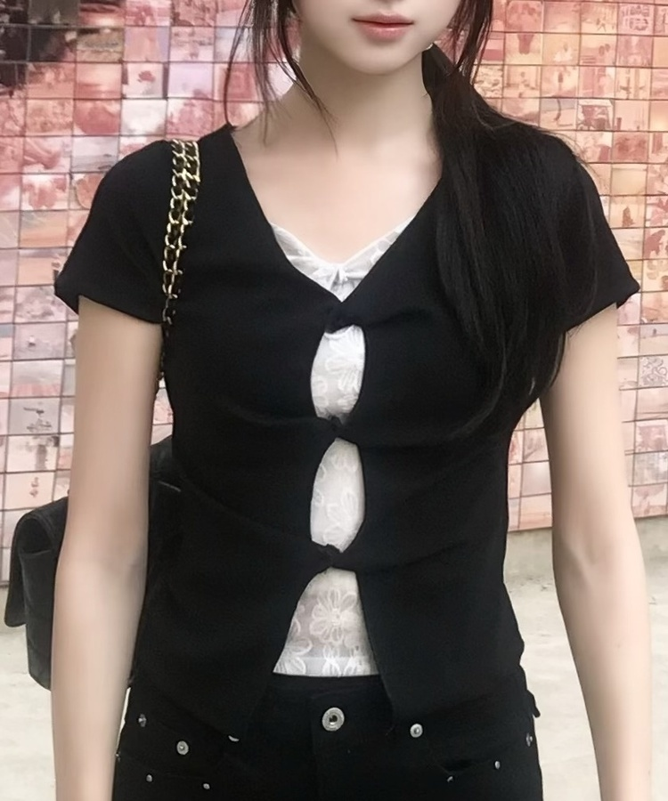 레이스 레이어드 반팔 티셔츠 블랙