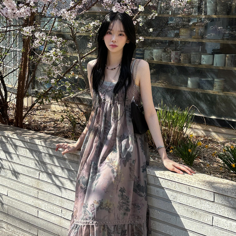 빈티지 모리걸 시스루 플라워 퍼플 여름 나시 롱원피스 벚꽃룩 퍼플