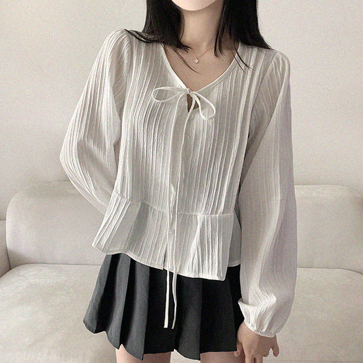 リボンパフシャーリングブラウス WHITE