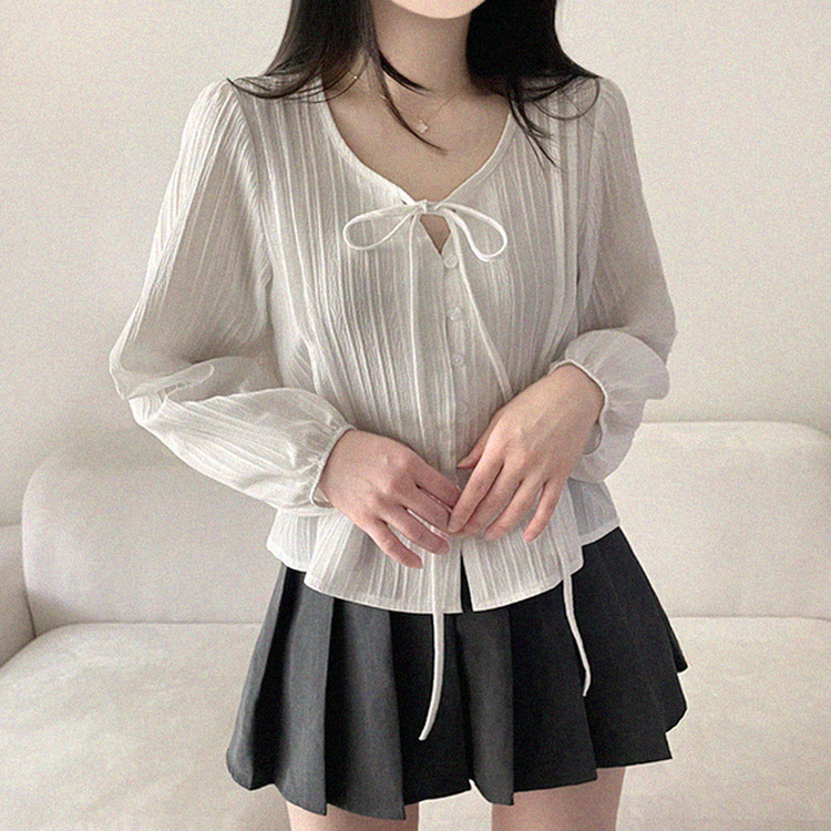 リボンパフシャーリングブラウス WHITE
