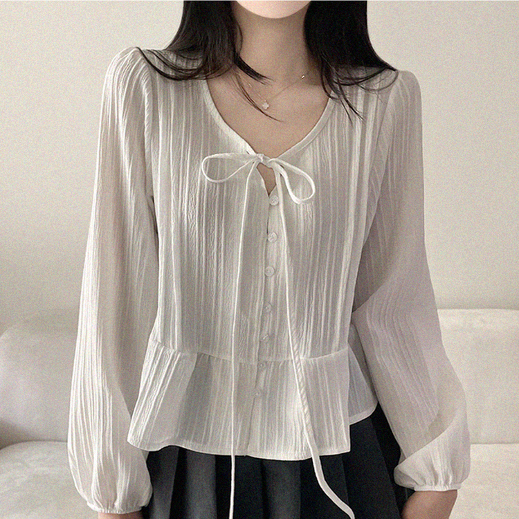 リボンパフシャーリングブラウス WHITE