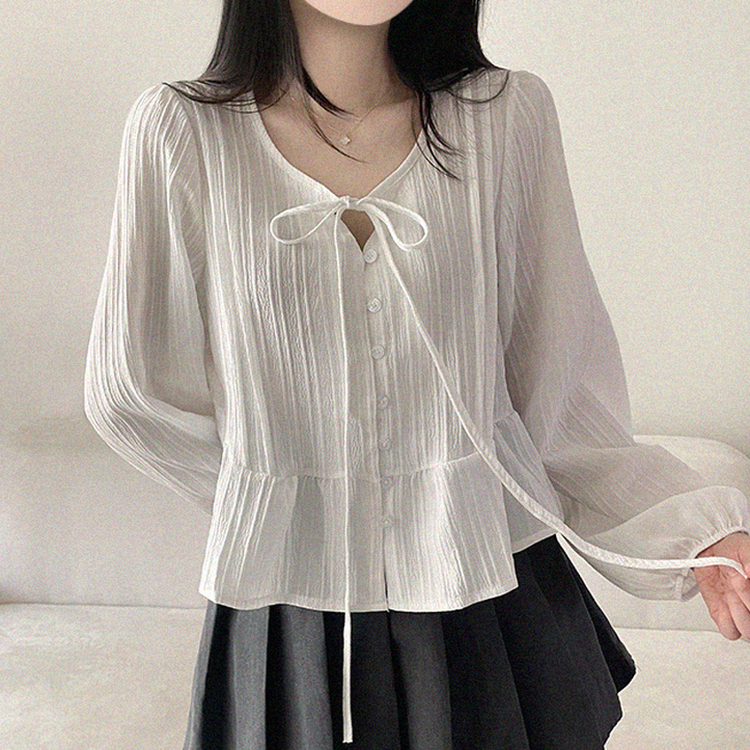 リボンパフシャーリングブラウス WHITE