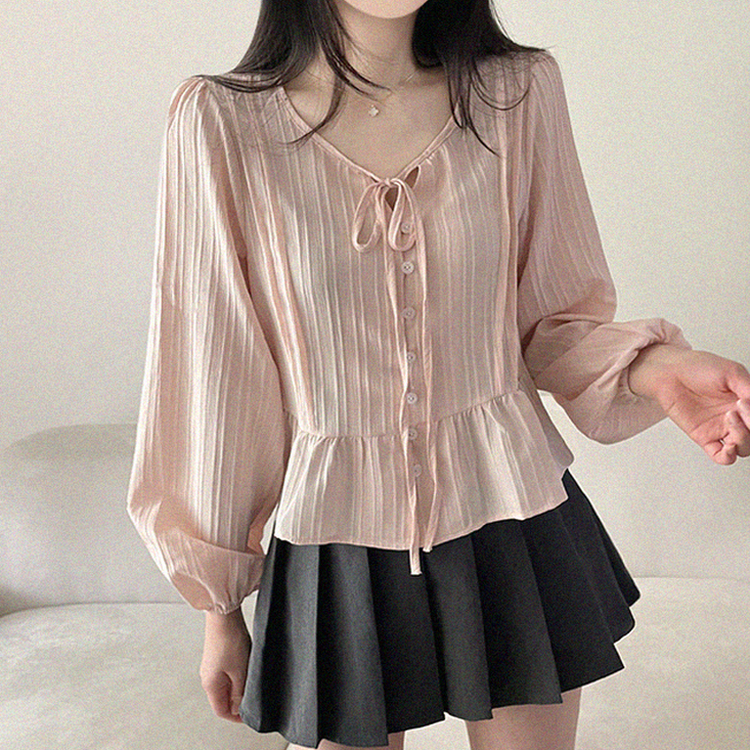 リボンパフシャーリングブラウス PINK