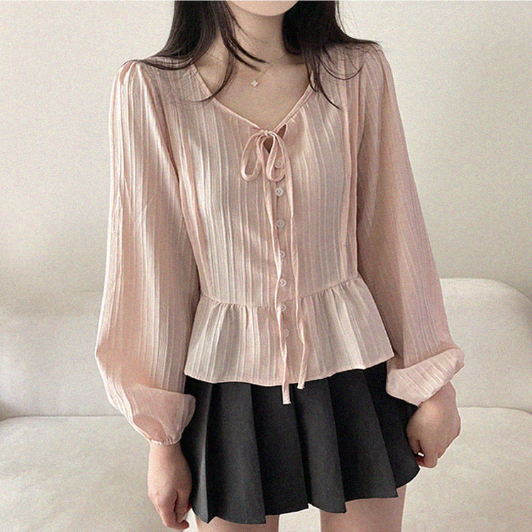 リボンパフシャーリングブラウス PINK