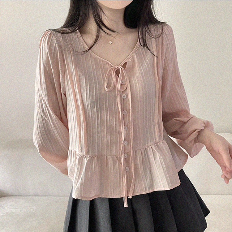 リボンパフシャーリングブラウス PINK