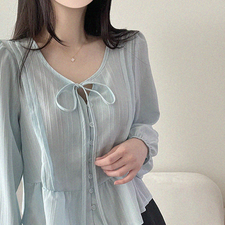 リボンパフシャーリングブラウス SKY BLUE