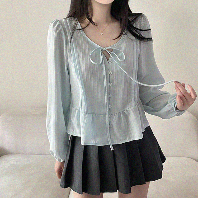 リボンパフシャーリングブラウス SKY BLUE