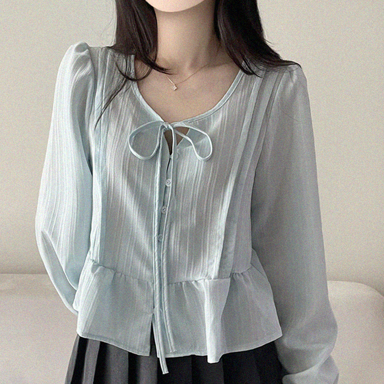 リボンパフシャーリングブラウス SKY BLUE