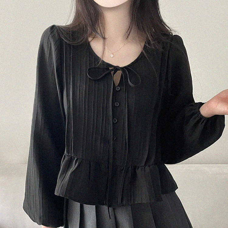 リボンパフシャーリングブラウス BLACK