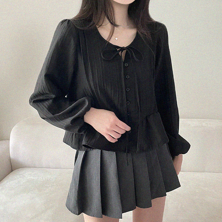 リボンパフシャーリングブラウス BLACK