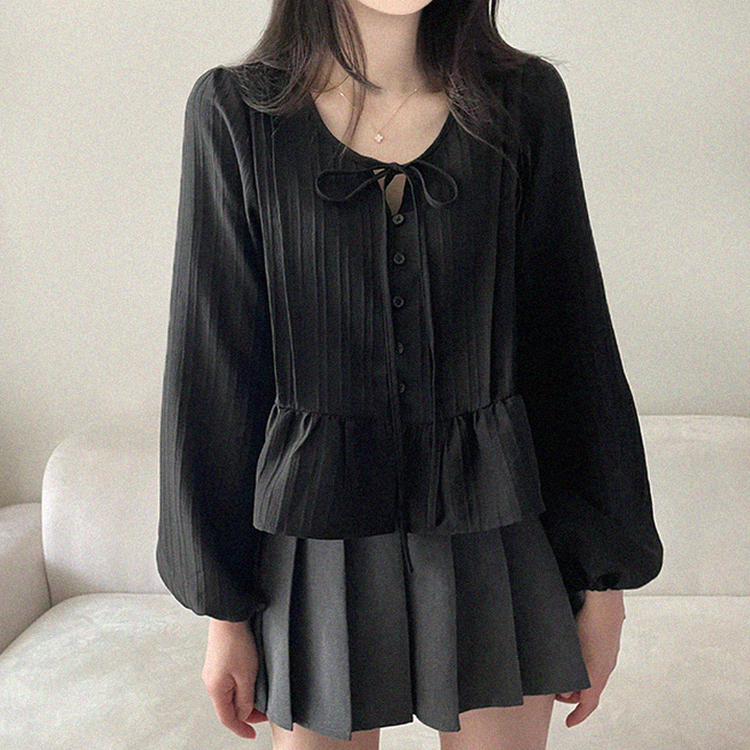 リボンパフシャーリングブラウス BLACK