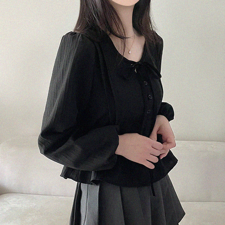リボンパフシャーリングブラウス BLACK