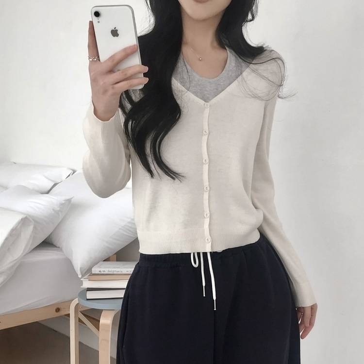 【SET】ホルターネックキャミソール Vネックニットカーディガン(5color) IVORY