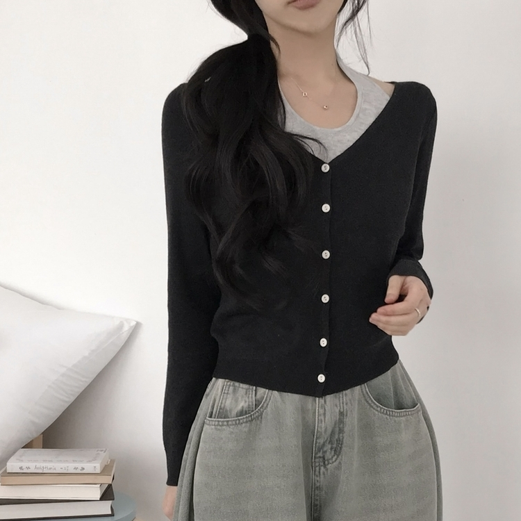 【SET】ホルターネックキャミソール Vネックニットカーディガン(5color) BLACK