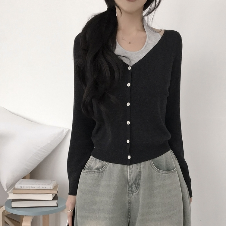 【SET】ホルターネックキャミソール Vネックニットカーディガン(5color) BLACK