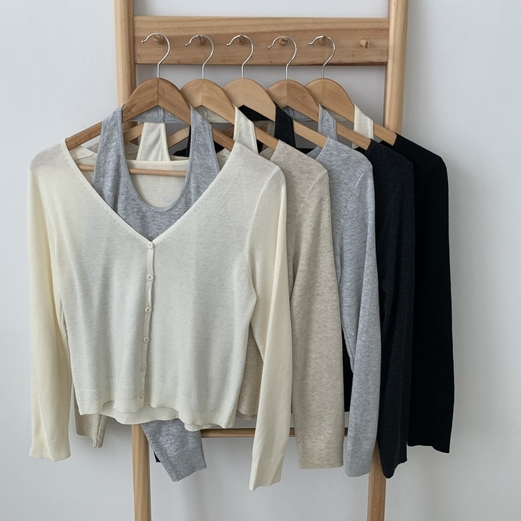 【SET】ホルターネックキャミソール Vネックニットカーディガン(5color)