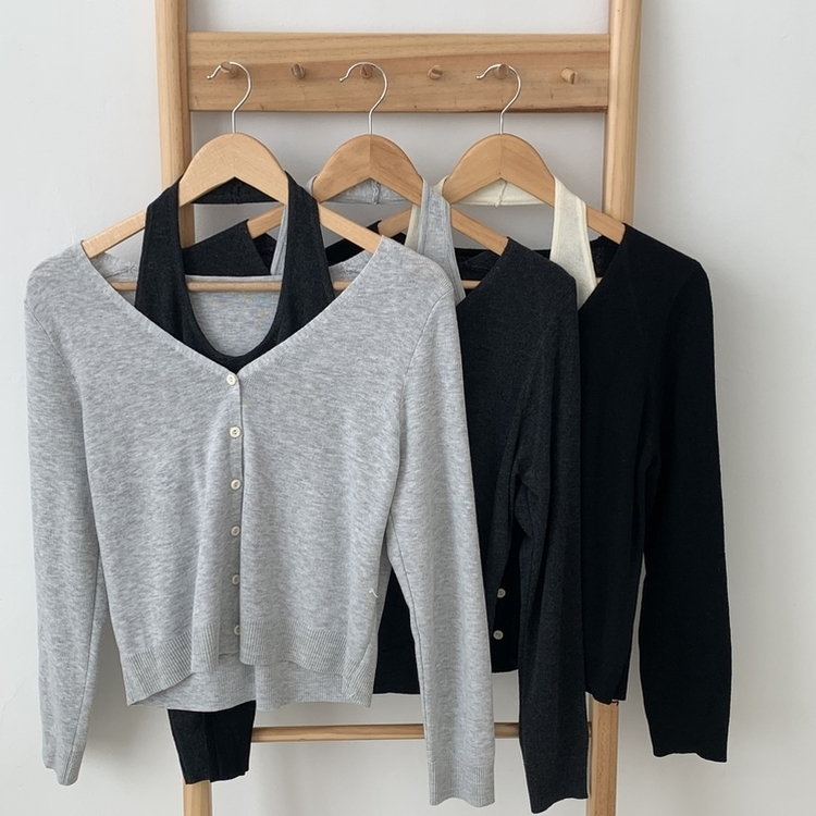 【SET】ホルターネックキャミソール Vネックニットカーディガン(5color)