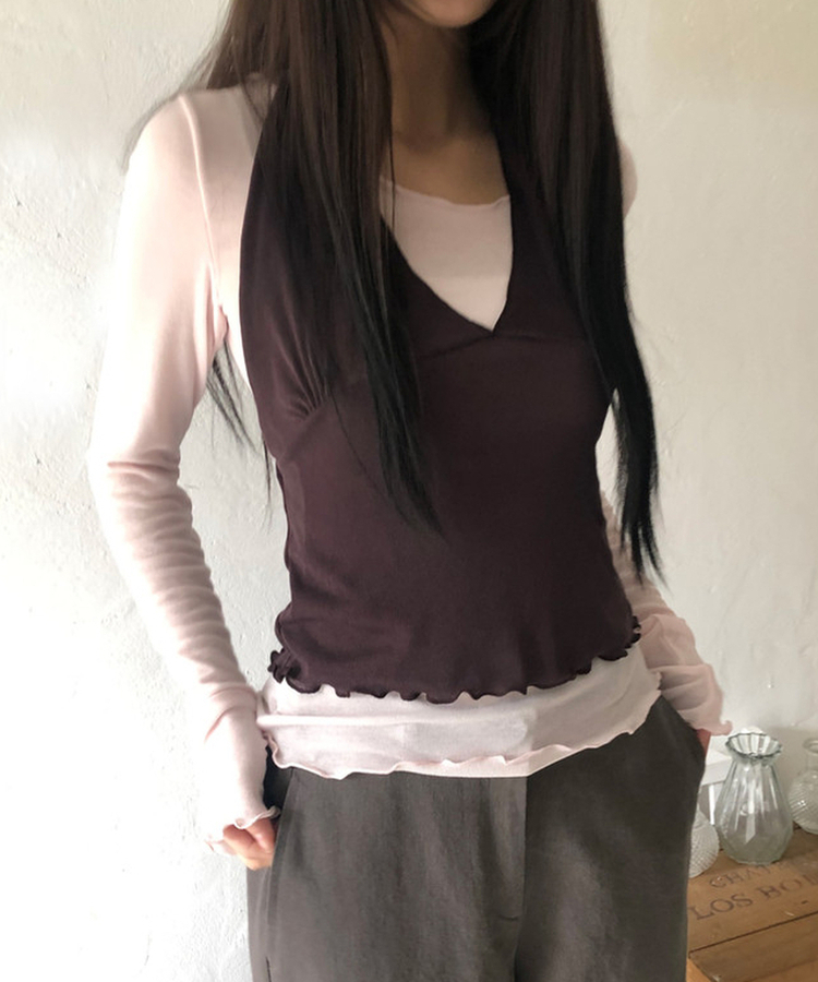 【SET】ホルターネックキャミソール 長袖Tシャツ PINK