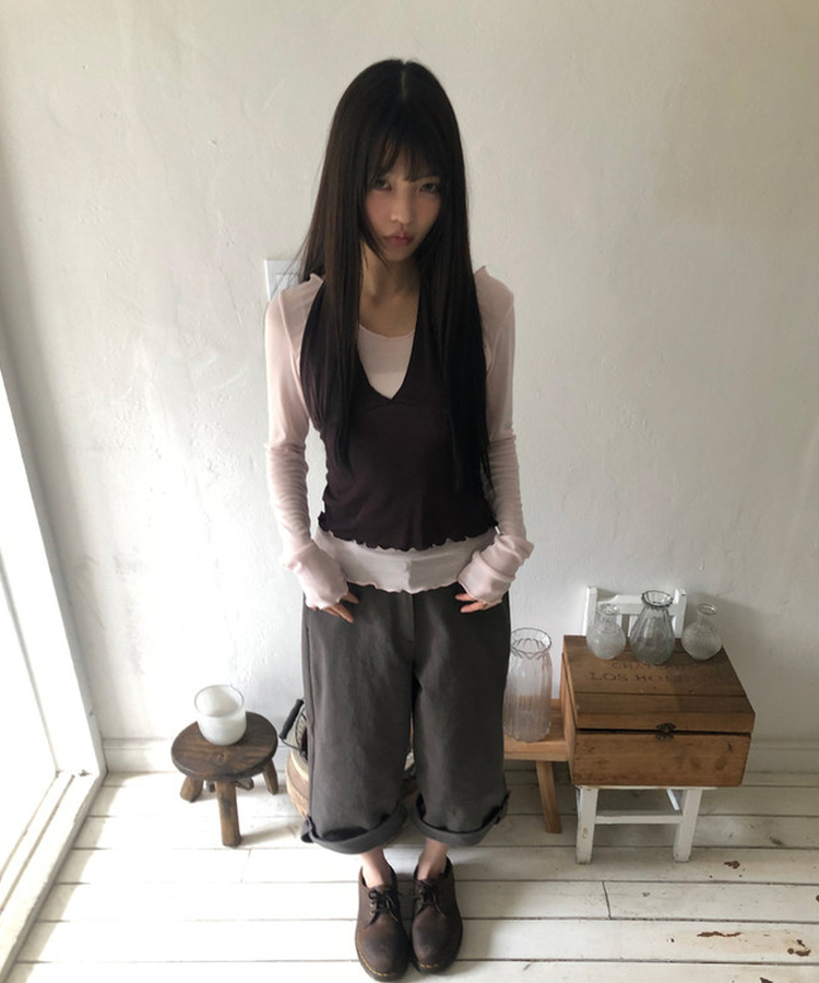 【SET】ホルターネックキャミソール 長袖Tシャツ PINK