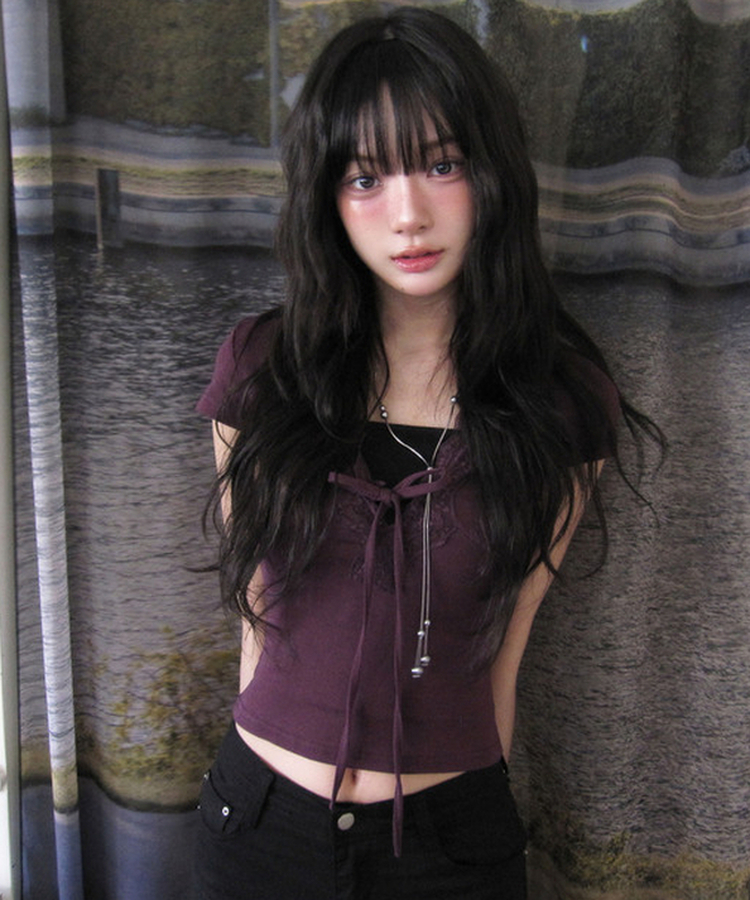 ディープVレース半袖スリムTシャツ PURPLE