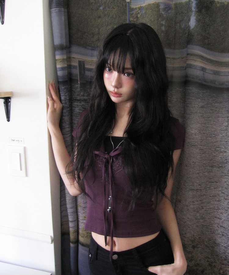 ディープVレース半袖スリムTシャツ PURPLE