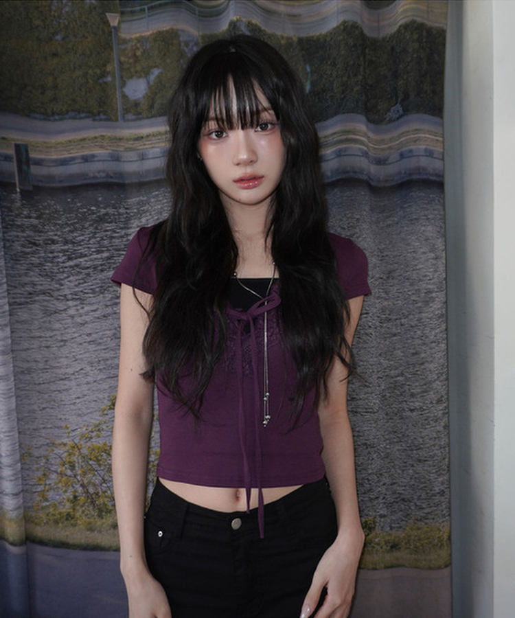 ディープVレース半袖スリムTシャツ PURPLE