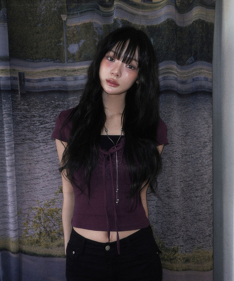 ディープVレース半袖スリムTシャツ PURPLE