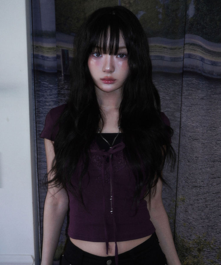 ディープVレース半袖スリムTシャツ PURPLE