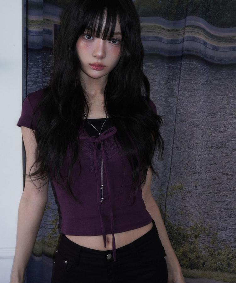 ディープVレース半袖スリムTシャツ PURPLE