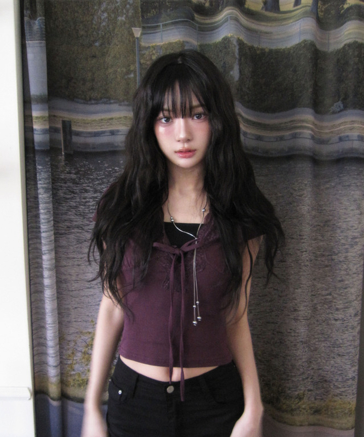 ディープVレース半袖スリムTシャツ PURPLE