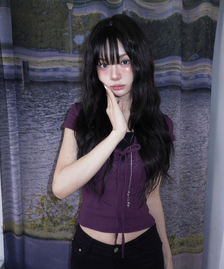 ディープVレース半袖スリムTシャツ PURPLE