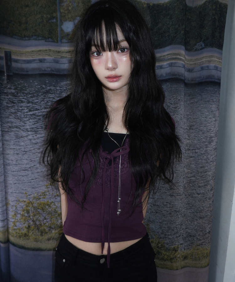 ディープVレース半袖スリムTシャツ PURPLE