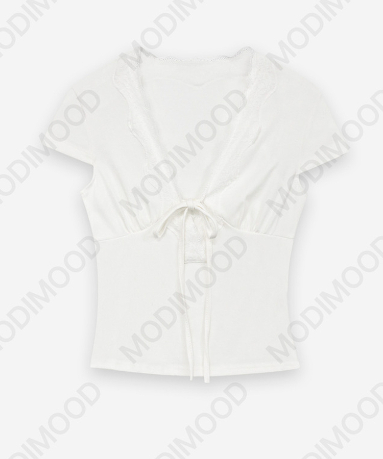 ディープVレース半袖スリムTシャツ