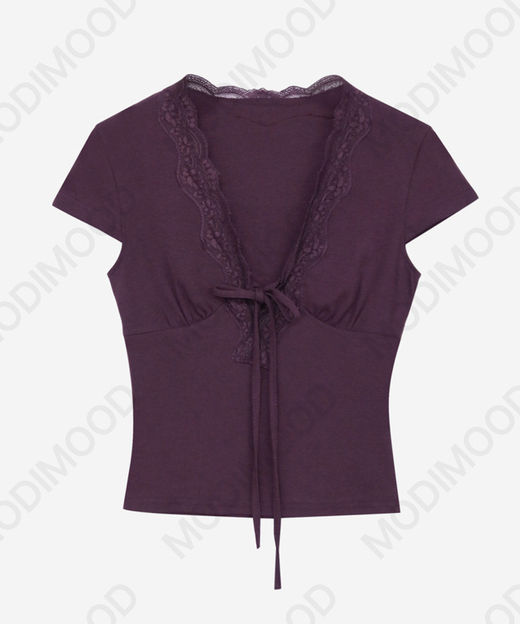 ディープVレース半袖スリムTシャツ