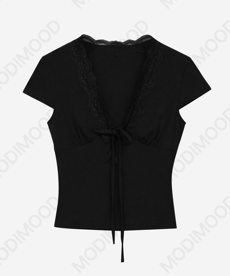 ディープVレース半袖スリムTシャツ