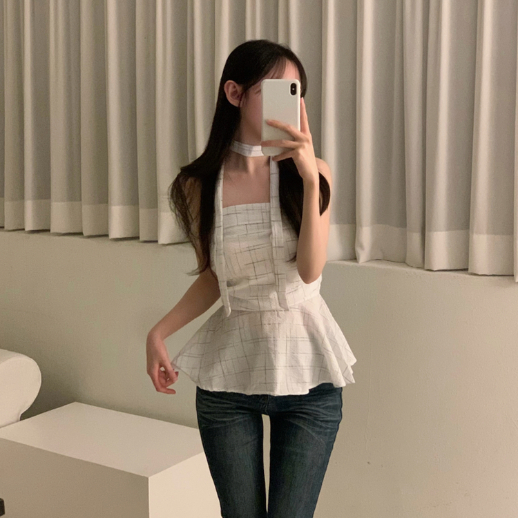 【マフラー付き】チェックフレアブラウス WHITE