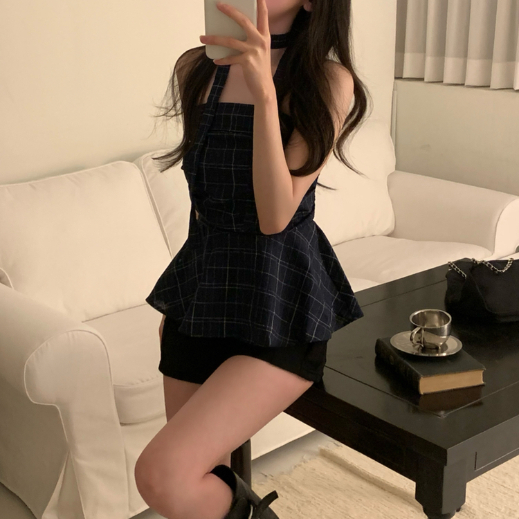 【マフラー付き】チェックフレアブラウス NAVY