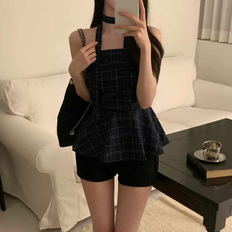 【マフラー付き】チェックフレアブラウス NAVY