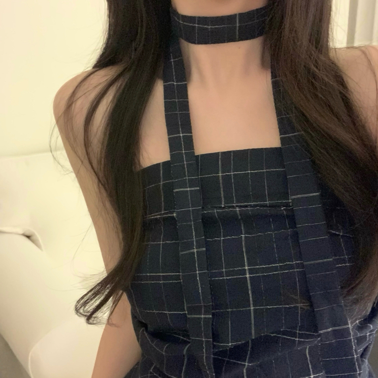 【マフラー付き】チェックフレアブラウス NAVY