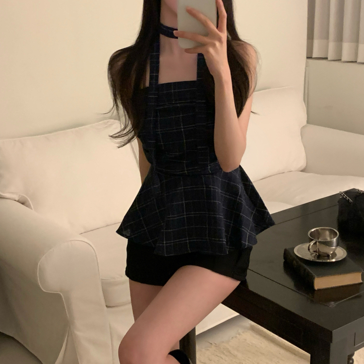 【マフラー付き】チェックフレアブラウス NAVY