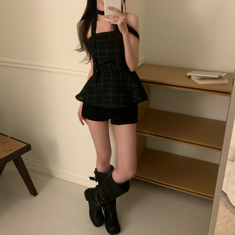 【マフラー付き】チェックフレアブラウス BLACK