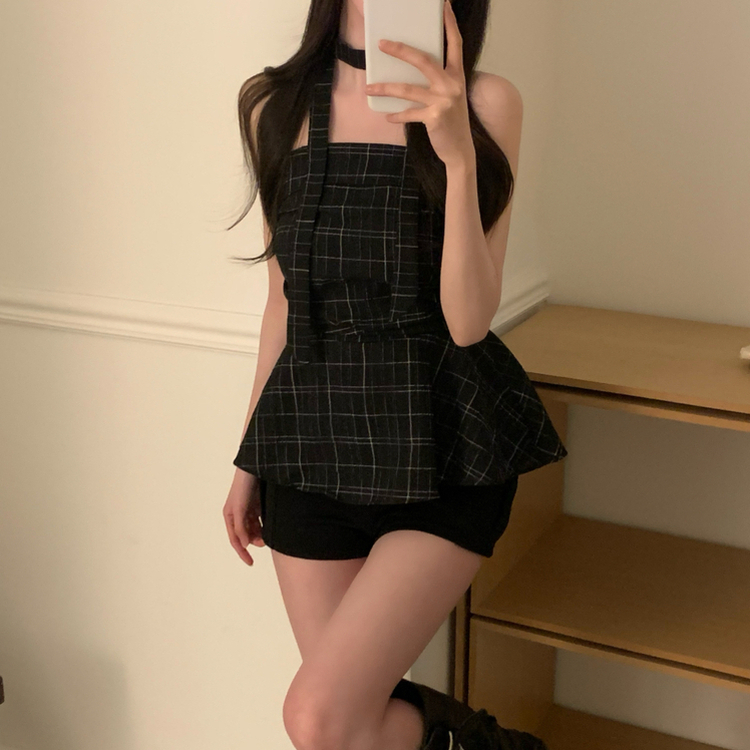 【マフラー付き】チェックフレアブラウス BLACK