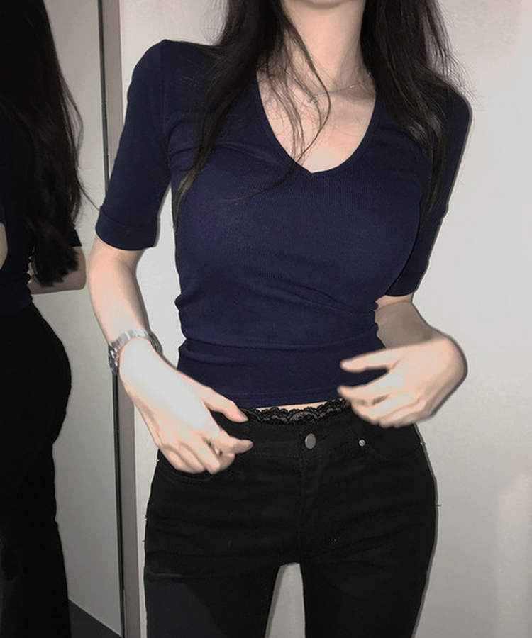 リブVネックロールアップ7分袖半袖Tシャツ(7color) NAVY