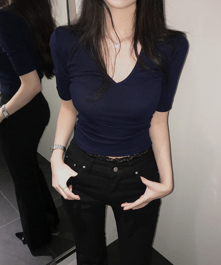 リブVネックロールアップ7分袖半袖Tシャツ(7color) NAVY