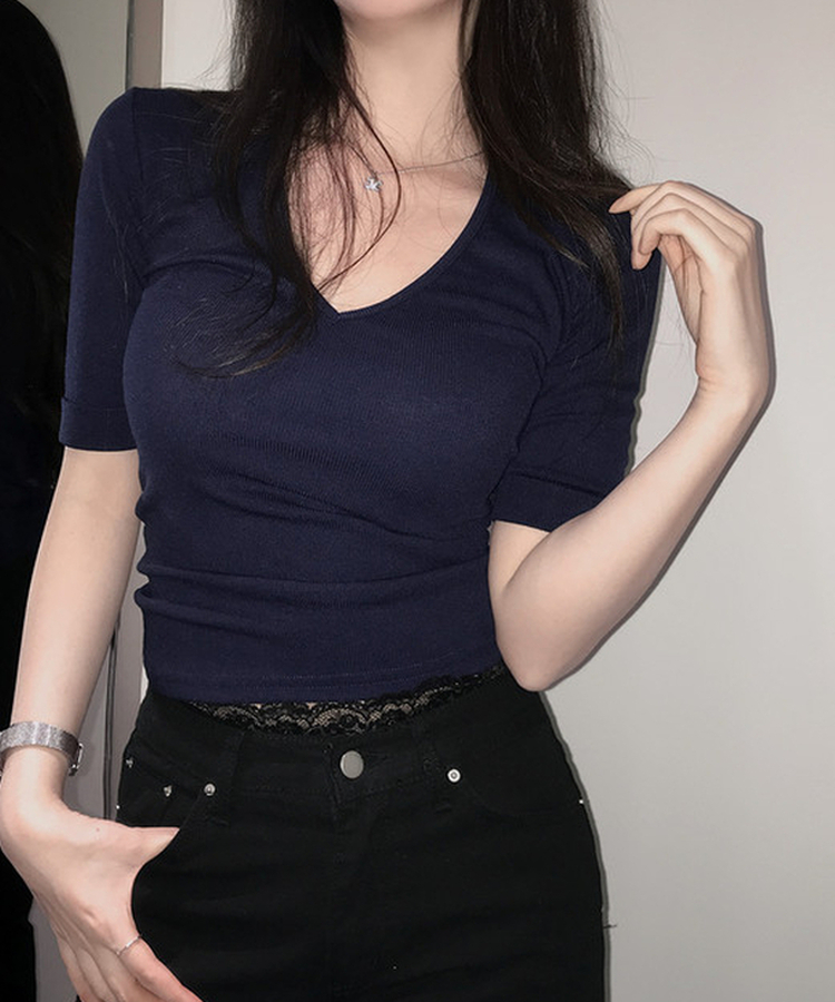 リブVネックロールアップ7分袖半袖Tシャツ(7color) NAVY