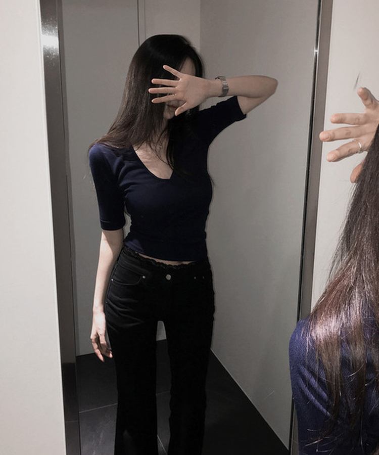 リブVネックロールアップ7分袖半袖Tシャツ(7color) NAVY