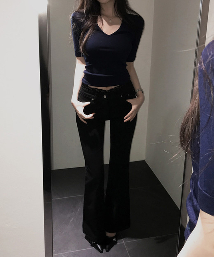 リブVネックロールアップ7分袖半袖Tシャツ(7color) NAVY