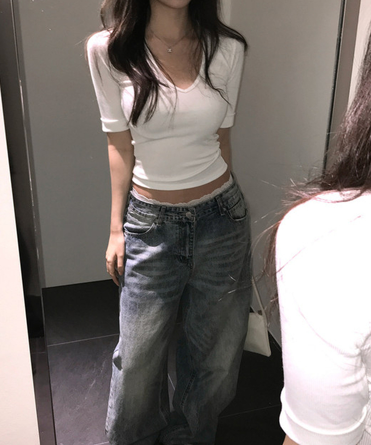 リブVネックロールアップ7分袖半袖Tシャツ(7color) IVORY