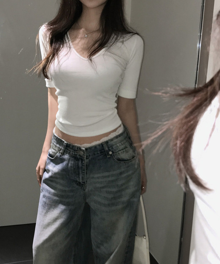 リブVネックロールアップ7分袖半袖Tシャツ(7color) IVORY