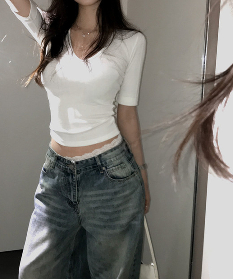 リブVネックロールアップ7分袖半袖Tシャツ(7color) IVORY